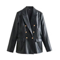 Women's 2024 New Fashion Flip Decoration Casual Double breasted PU Leather Suit Coat Retro Long sleeved Women's Coat